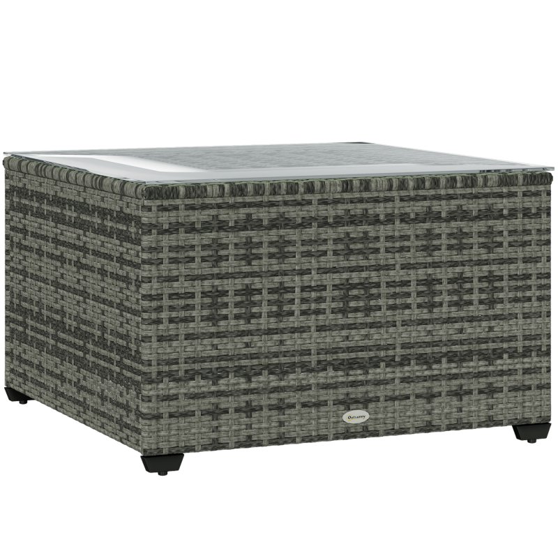 Outsunny Outdoor Coffee Table, PE Rattan Side Table with Tempered Glass Top, Wicker Square Garden Coffee Table End Table with Steel Frame for Patio, Balcony, 60 x 62 x 38cm, Light Grey