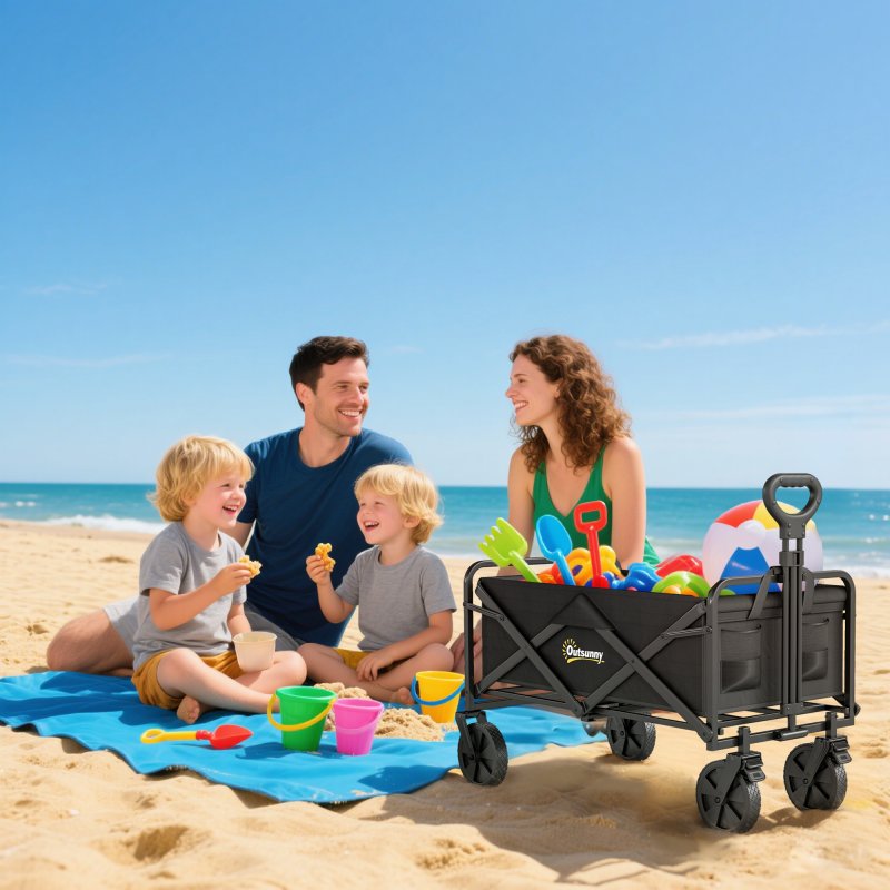Outsunny 90L Festival Trolley on Wheels, Folding Camping Trolley Cart with Adjustable Handle, Portable for Outdoor, Garden, Shopping, Fishing, Black