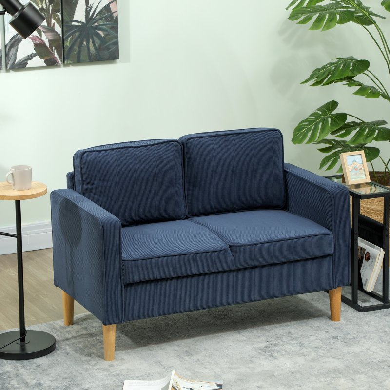 HOMCOM 2 Seater Sofa with Storage, Compact Loveseat Sofa with Solid Wood Legs, Corduroy Small sofa Settee for Living Room, Bedroom, Home Office, 117 x 63 x 79cm, Blue
