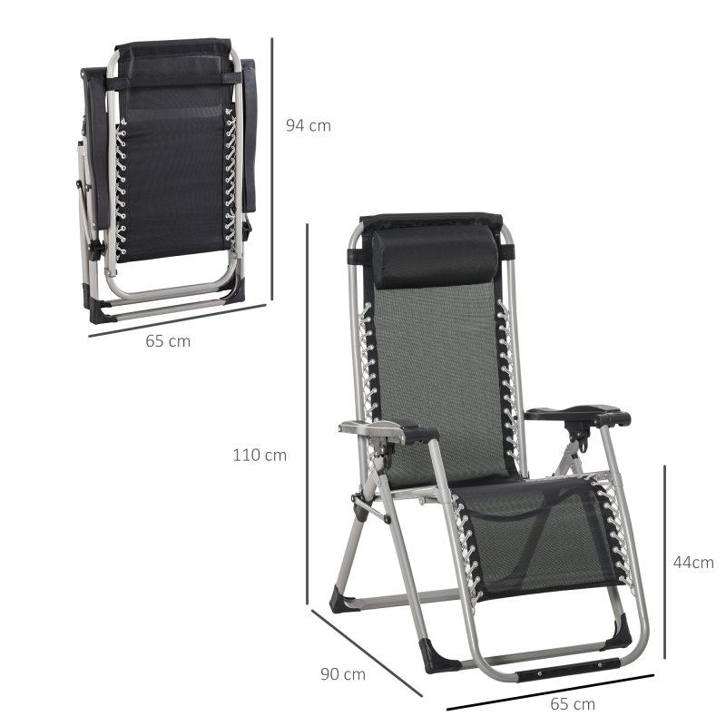 Outsunny 2 Piece Reclining Zero Gravity Chair Metal Frame Folding Garden Sun Lounger with Cushion Headrest, Dark Grey