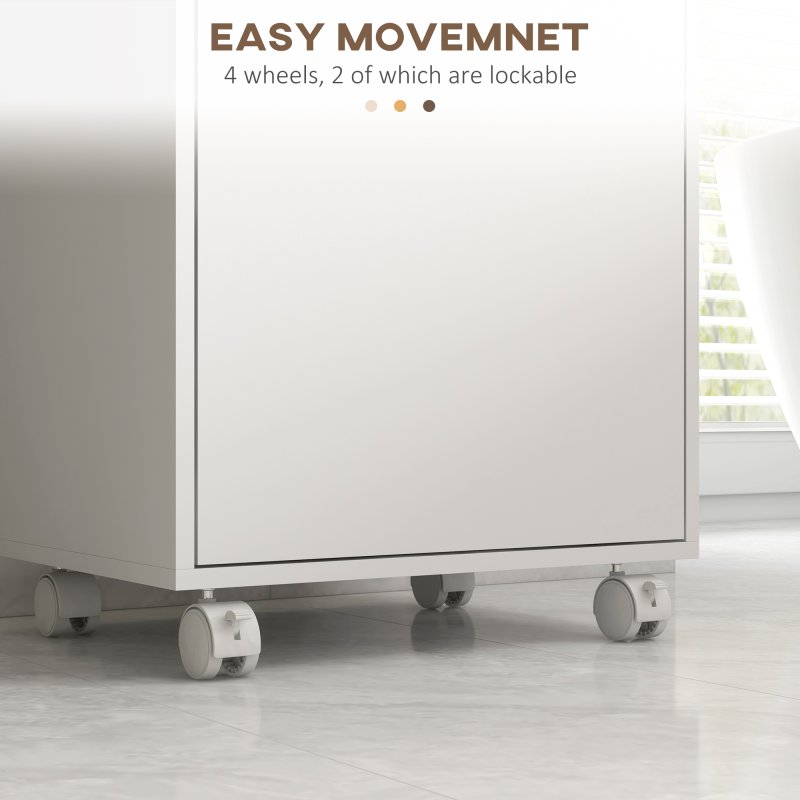 kleankin Bathroom Cabinet with Wheels, Bathroom Storage Cabinet with Cushioned Door, Removable Tray, Open Compartment and Adjustable Shelves for Washroom, White