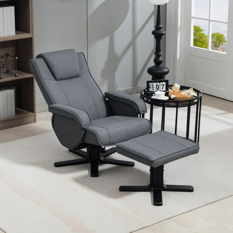 HOMCOM Rocker Swivel Recliner Chair with Footstool, Linen Fabric Recliner Armchair with Ottoman, Wood Base, Upholstered Reclining Chair for Living Room, Bedroom, Office, Charcoal Grey
