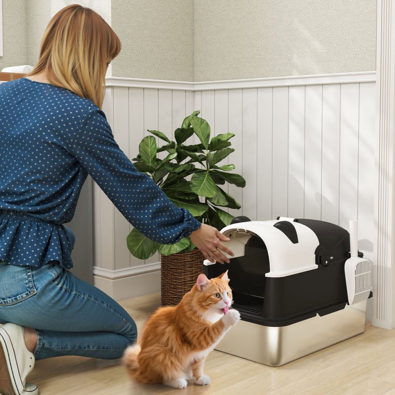 PawHut XL Stainless Steel Litter Box with Lid, Extra Large Enclosed Litter Tray with Scoop & 180 Flip Front Cover, Anti-Leakage, Non-Sticky, Non-Odour, Easy Cleaning, for Big Cats, Panda Style