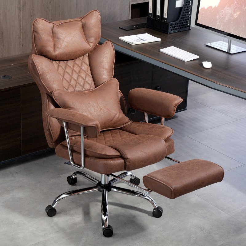 HOMCOM Executive Office Chair, Leathaire Reclining Computer Desk Chair with Lumbar Support Pillow, Built-in Headrest, High Back, Footrest, Silent Swivel Wheels, Armrest for Home, Dark Brown
