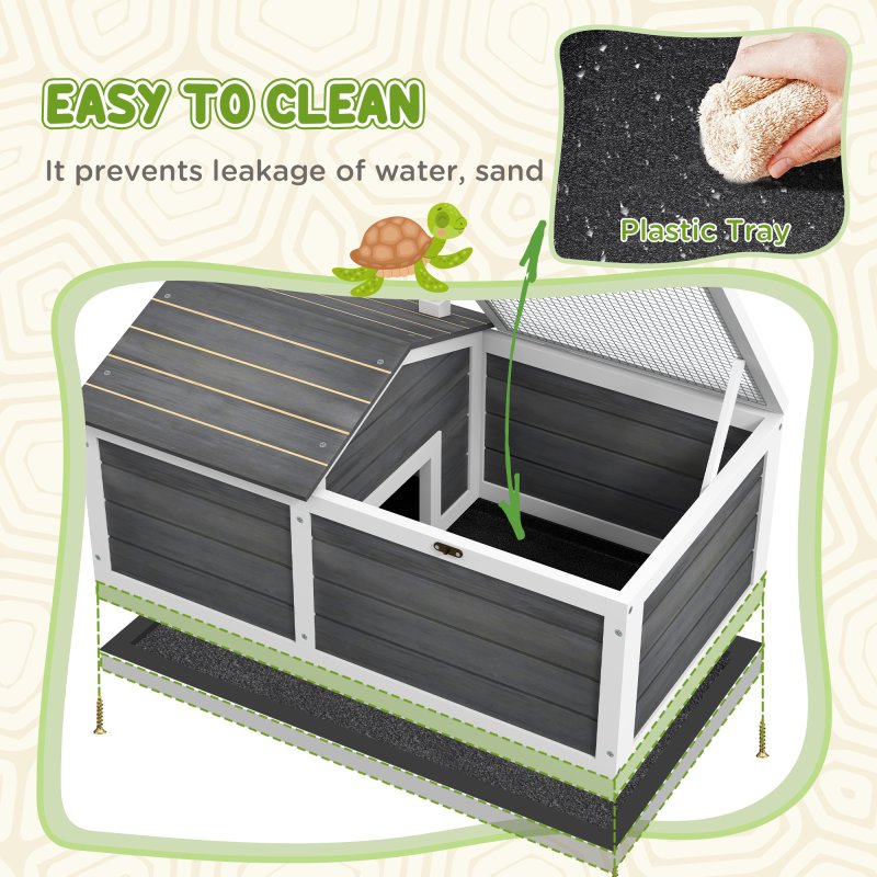 PawHut Wooden Tortoise House, Tortoise Table with Hide Shelter Run, Openable Top, Tray, Dark Grey