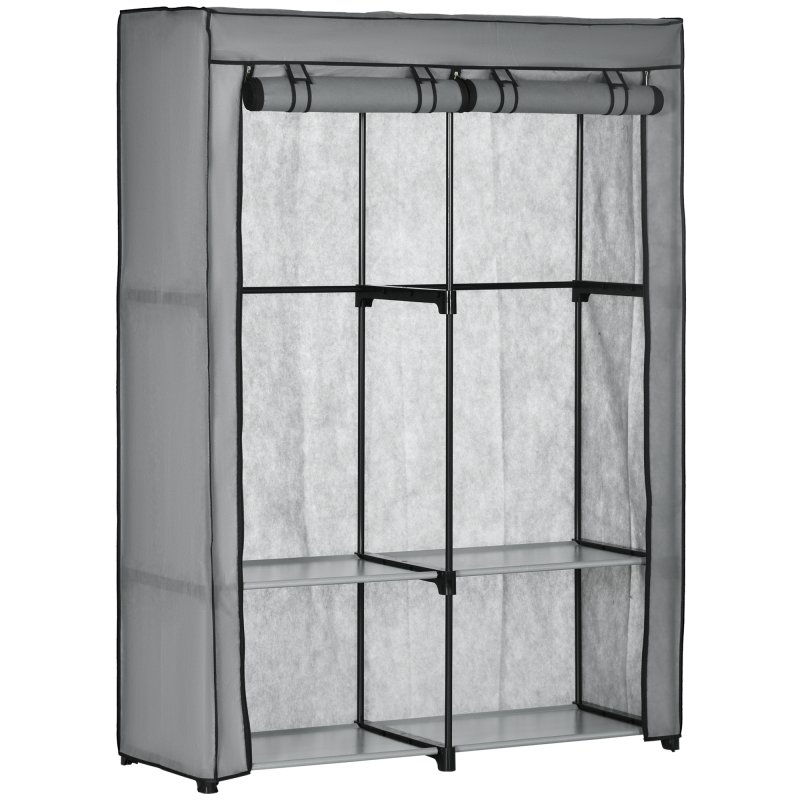 HOMCOM Fabric Wardrobe, Portable Fabric Cabinet, Foldable Coat Rack with 4 Shelves, 2 Hanging Rails, 118 x 49 x 170 cm, Light Grey
