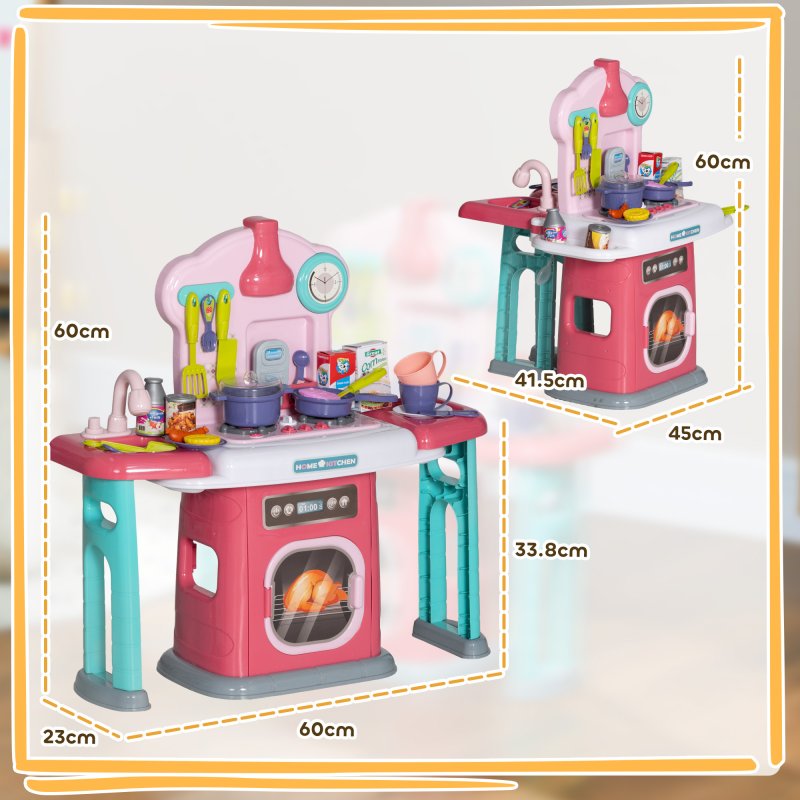 AIYAPLAY Toy Kitchen, 45-Piece Kids Kitchen with Rotating Side Tables, Toddler Pretend Role Play Kitchen with Light, Sounds, Spray Effect for Ages 3-6 Years, Pink