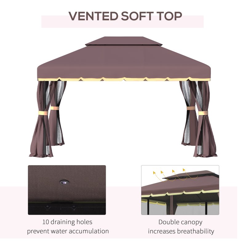 Outsunny 3 x 4m Aluminium Garden Gazebo, Marquee Canopy Shelter Pavilion Party Tent with Nets and Curtains for Garden and Deck, Coffee