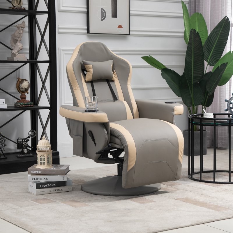 HOMCOM Reclining Gaming Chair, 360° Swivel Racing Video Gaming Manual Recliner with Footrest, Headrest and Cup Holder, PU Leather Armchair with Storage Pocket, Grey