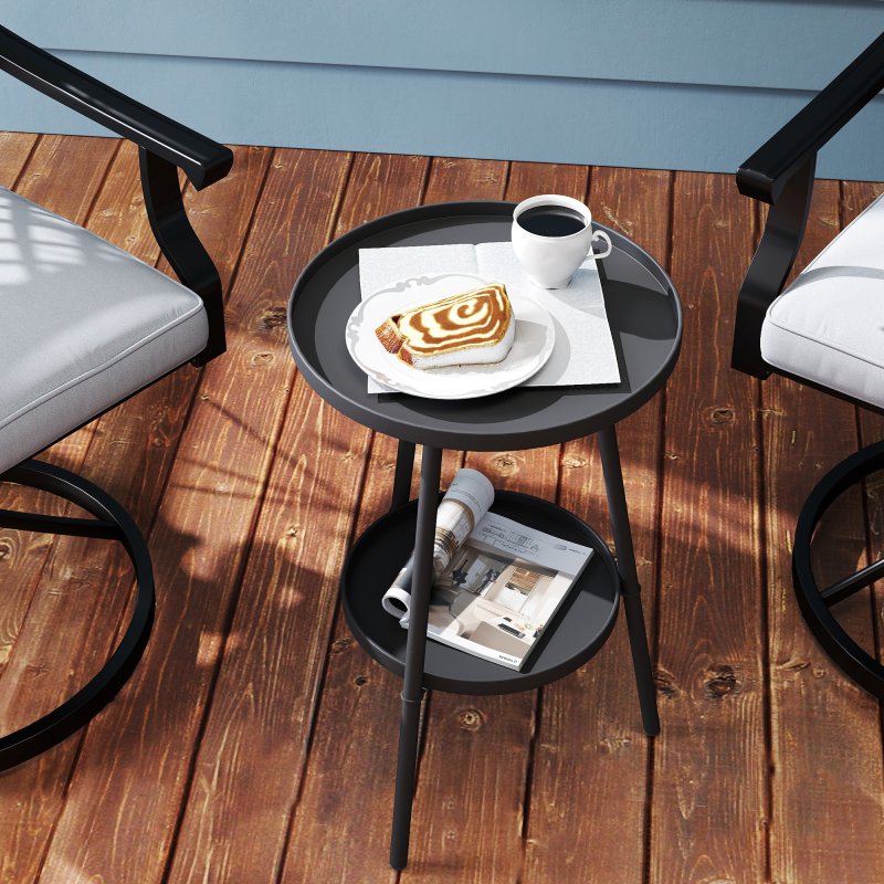 Outsunny Round Garden Table, 2-Tier Small Side Table, Metal Patio Table Coffee Table Dining Table for Porch Deck Balcony, Black