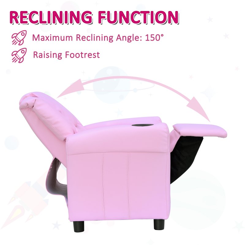 HOMCOM Kids Recliner, PU Leather Kids Armchair, Child Chair, Toddler Armchair with Adjustable Backrest, Footrest, Padded Headrest, Cup Holder, Pink