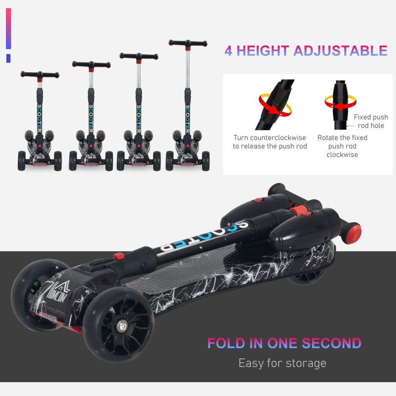 HOMCOM Kids Scooter, 3 Wheel Foldable Kick Scooter Adjustable Height w/ Flashing Wheels, Music, Water Spray for 3-6 Years, Black