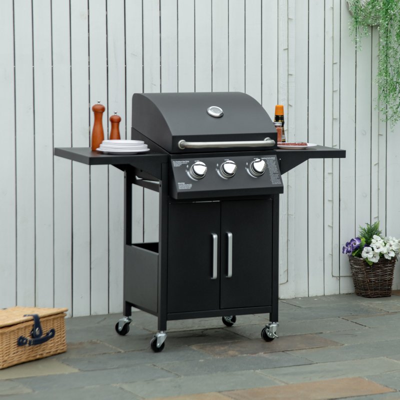 Outsunny 3 Burner Gas BBQ, Outdoor Grill, Portable Barbecue Trolley with Warming Rack, Side Shelves, Storage Cabinet, Thermometer, Carbon Steel, Black