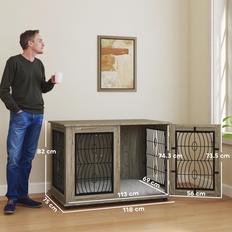PawHut Dog Crate Furniture, Dog Cage with Soft Washable Cushion, Furniture-Style Pet Kennel Indoor House End Side Table for Small Medium Large XL Breeds, 118 x 75 x 82 cm, Grey