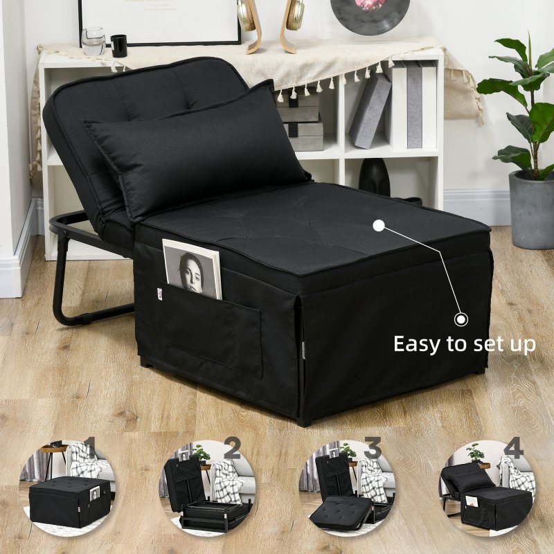HOMCOM Folding Chair Bed, 4-in-1 Convertible Sleeper Chair with Adjustable Backrest, Pillow, Side Pockets, Armchair for Bedroom, Living Room
