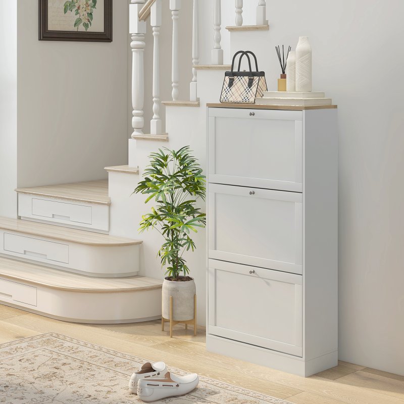 HOMCOM Shoe Cabinet with 3 Flip Drawers, Narrow Shoe Storage Cabinet for 18 Pairs, Freestanding Slim Shoe Rack for Entryway, Hallway