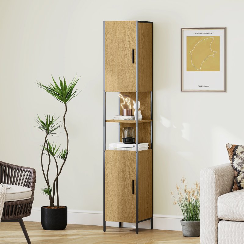 HOMCOM Tall Bathroom Cabinet, Slim Bathroom Storage Cabinet with 2 Doors, Open Compartments and Adjustable Shelves, Freestanding Storage Cupboard, 33 x 33 x 185 cm, Natural Wood Finish