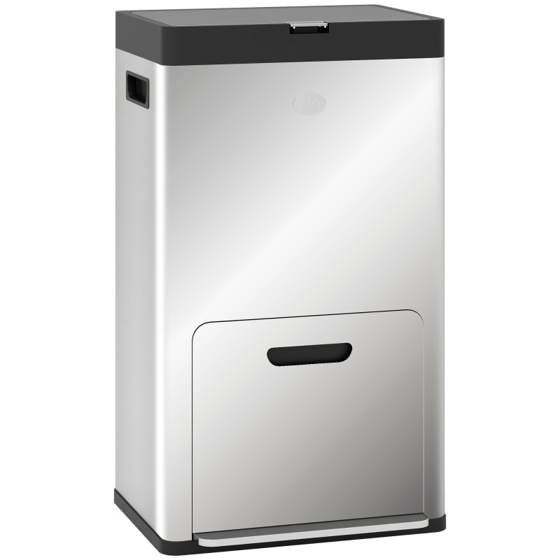 HOMCOM Kitchen Bin, 2 x 18L and 20L Volumes, Stainless Steel 3 Compartment Bin with Wheels, Soft Close Lid, Removable Inner Buckets, Fingerprint-Proof for Recycling and Waste, Silver Tone