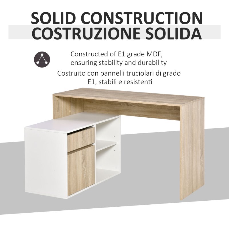 HOMCOM L-Shaped Desk, Corner Computer Desk with Storage Drawer, Adjustable Shelf, Cabinet for Home Office and Study, 120 x 92 x 75cm, Oak and White