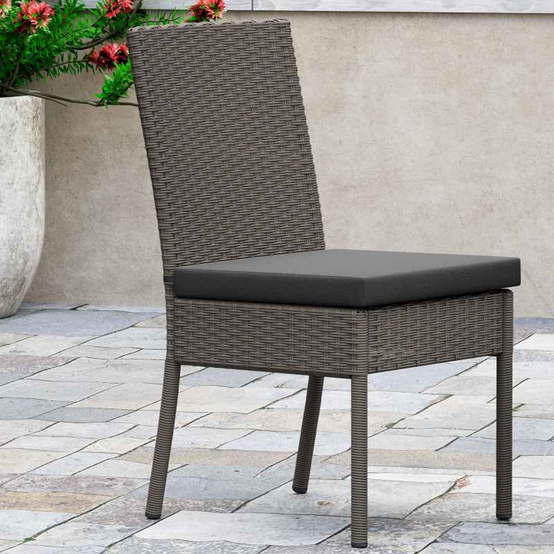Outsunny 2 Pieces PE Rattan Garden Chairs with Cushion, Patio Wicker Dining Chairs with Backrest for Patio, Deck, Garden, Dark Grey