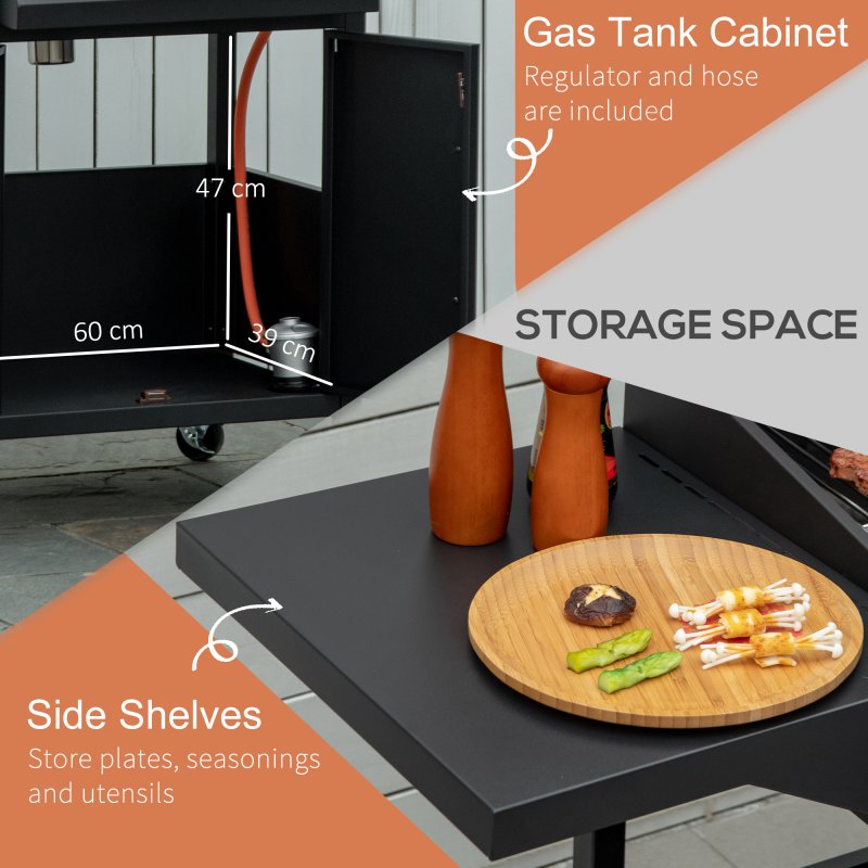 Outsunny 4 Burner Gas BBQ, Outdoor Grill, Portable Barbecue Trolley with Warming Rack, Side Shelves, Storage Cabinet, Thermometer, Carbon Steel, Black
