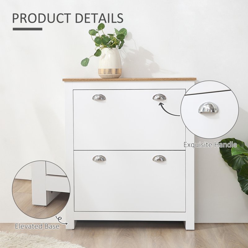 HOMCOM 2 Drawer Shoe Cabinet Modern Narrow Shoe Cupboard Hallway Wooden Storage Organiser with Flip Doors Adjustable Shelf for 12 Pairs, White