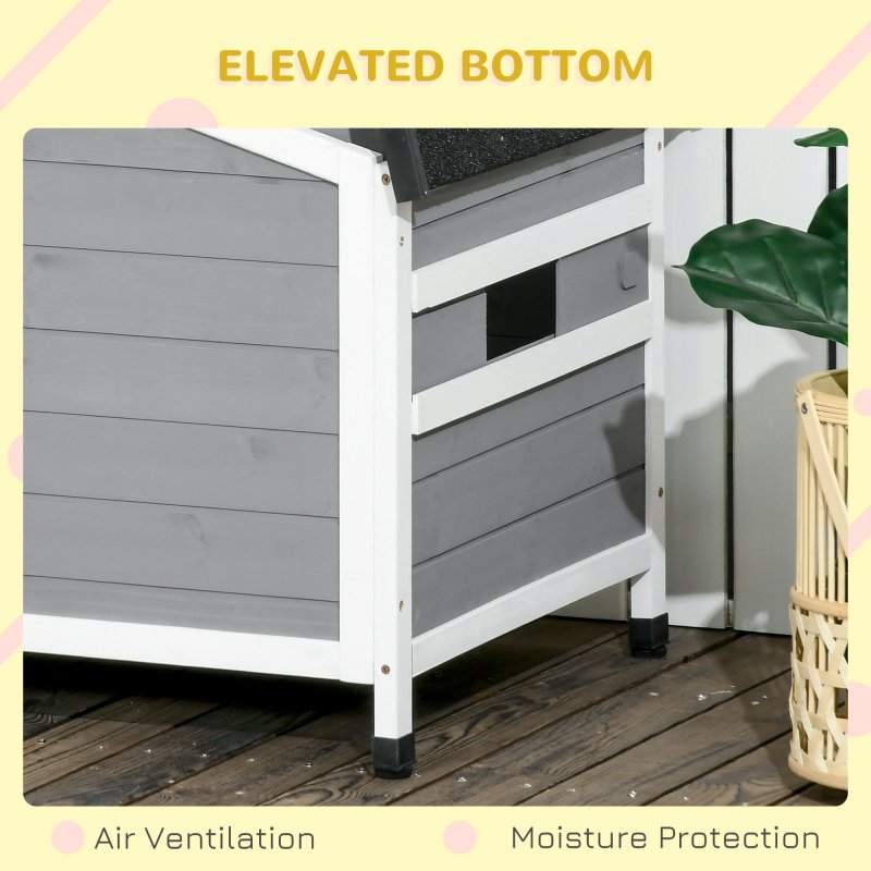 PawHut Wooden Dog Kennel Outdoor, Elevated Dog House for Outside, with Openable Top, Asphalt Roof, Windows, Curtain, Removable Tray, Adjustable Legs, 65H x 97L x 72Wcm, Grey