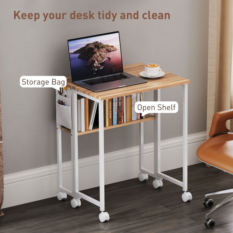 HOMCOM Folding Desk with Storage Shelf and Bag, 63 cm Foldable Computer Desk for Small Spaces, Space Saving Writing Table on Wheels for Home Office, Bedroom, Easy Assembly, Natural Wood Finish