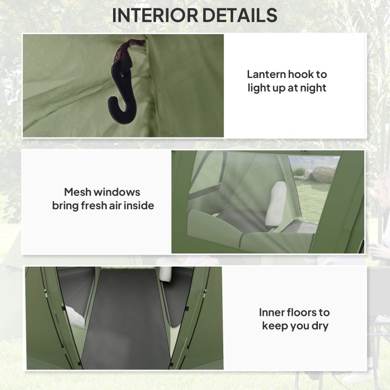 Outsunny 3 Man Camping Tent with Living Area and 2 Bedrooms, 3000mm Waterproof Family Tent with Sewn-in Groundsheet and bag, Portable Dome Shelter  for Hiking, Festival, Backpacking, Green