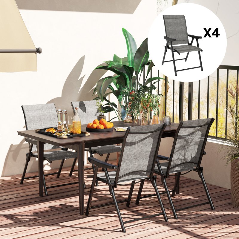 Outsunny Set of 4 Folding Chair, Garden Chair Set with Breathable Mesh Back and Seat, Outdoor Camping Chairs with Armrests, Steel Frame for Deck Balcony, Black and Grey