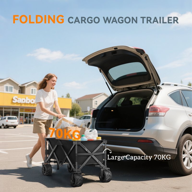 Outsunny 140L Festival Trolley on Wheels, Folding Camping Trolley Cart with Telescopic Handle, Big Wheels for Outdoor Garden Beach Fishing, Black