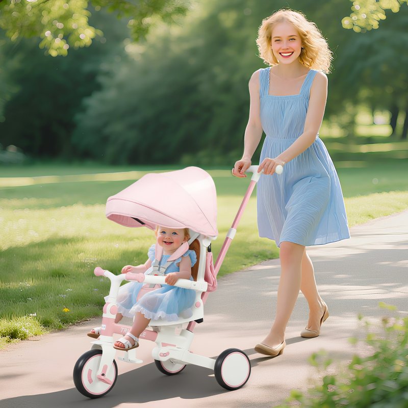 AIYAPLAY Kids Trike, Foldable Toddler Tricycle 5 in 1 with Adjustable Parent Handle & Removable Canopy, 5-point Safety Harness, Footrest, Storage Bag, for Ages 1-3 Years, Pink
