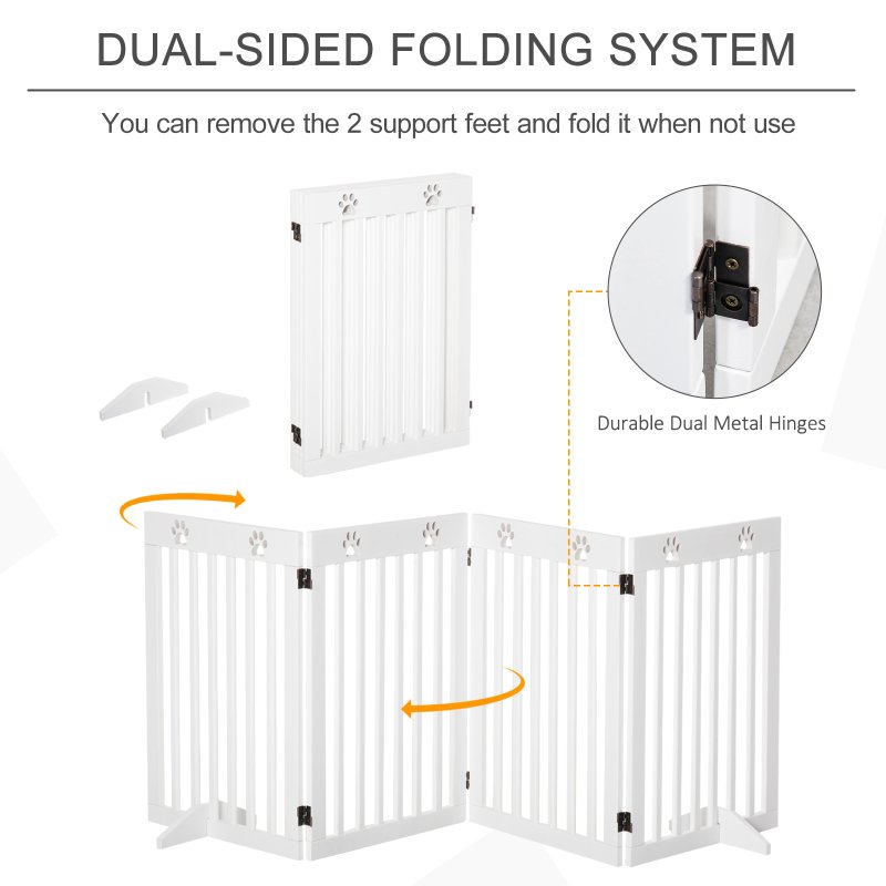 PawHut Freestanding Pet Gate 4 Panel Dog Barrier Folding Safety Fence with Support Feet up to 204cm Long 75cm Tall for Doorway Stairs, White