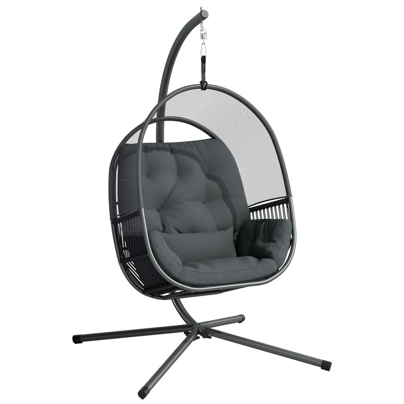 Outsunny Hanging Egg Chair Outdoor Indoor, Swing Hammock Chair with Stand, Cushions, Lumbar Pillow, Adjustable Height and Steel Frame for Garden Patio Lounge Porch, Dark Grey