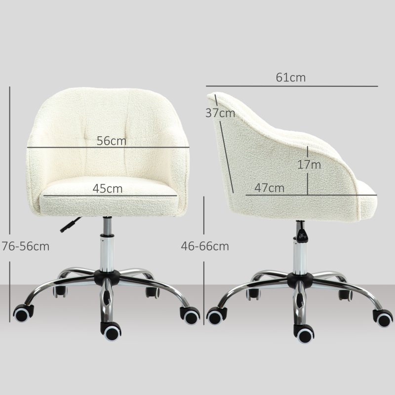 HOMCOM Office Chair, Teddy Fleece Swivel Computer Desk Chair, Makeup Vanity Seat with Adjustable Height for Home Study Bedroom, Cream White