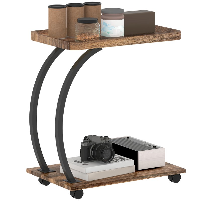HOMCOM C Shaped Side Table with Storage, Mobile 2-Tier Bedside Table with Tray Top, Wheels, Steel Frame for Living Room, Bedroom, Brown