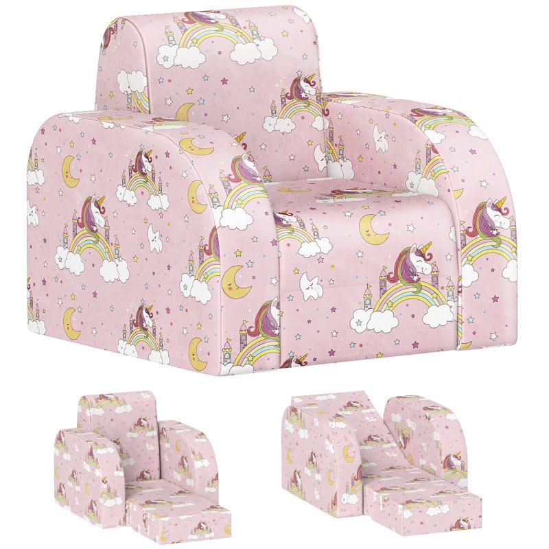 AIYAPLAY Kids Armchair, 2 in 1 Foldable Toddler Chair, Soft Snuggle Sponge Filled Recliner, for Bedroom Playroom Living Room, for Boys & Girls 18 Months to 3 Years - Pink