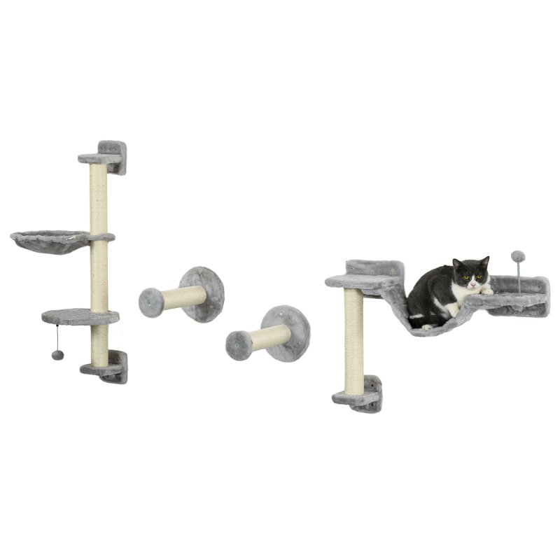 PawHut 4Pcs Wall Mounted Cat Shelves, with Hammock, Perches, Ladder, Scratching Post, Cat Wall Furniture for Large Cats, Grey