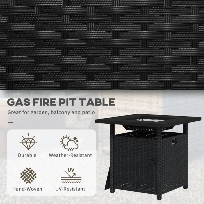 Outsunny Outdoor Rattan Gas Fire Pit Table, 50,000 BTU Square Garden Table with Fire Pit, Rain Cover, Wind Guard, Pulse-Ignition and Volcanic Rock, 72.5 x 72.5 x 67.5 cm, Black