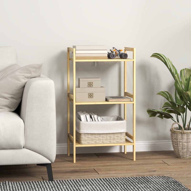 HOMCOM 3-Tier Bamboo Bathroom Storage Shelf, Freestanding Shelving Unit with Adjustable Rack for Kitchen Bathroom Living Room