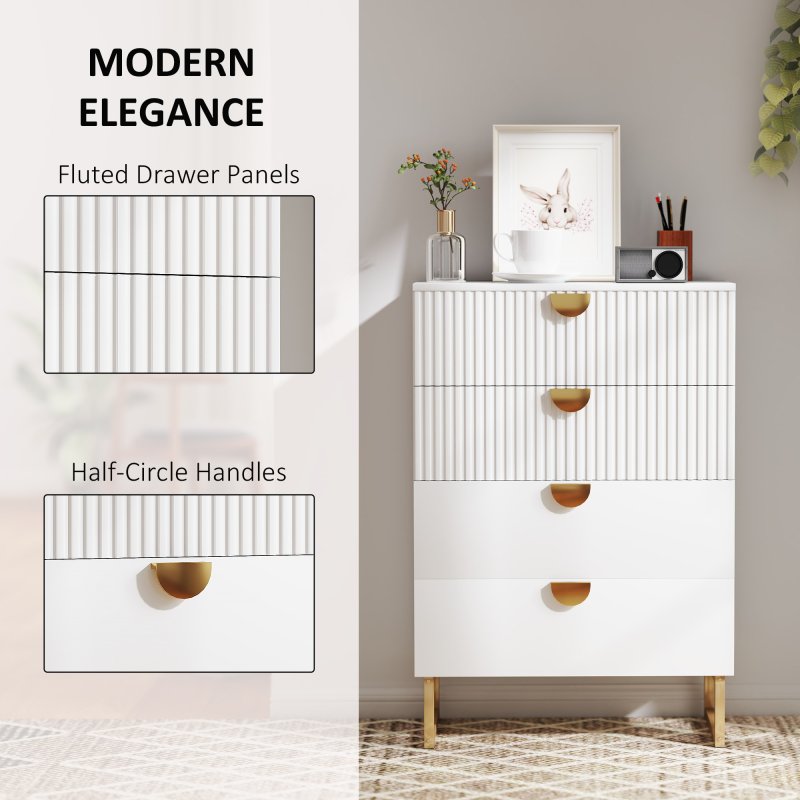 HOMCOM Bedroom Chest of Drawers with Gold Tone Handle, Modern Fluted 4-Drawer Dresser with Metal Legs for Living Room, Hallway, White
