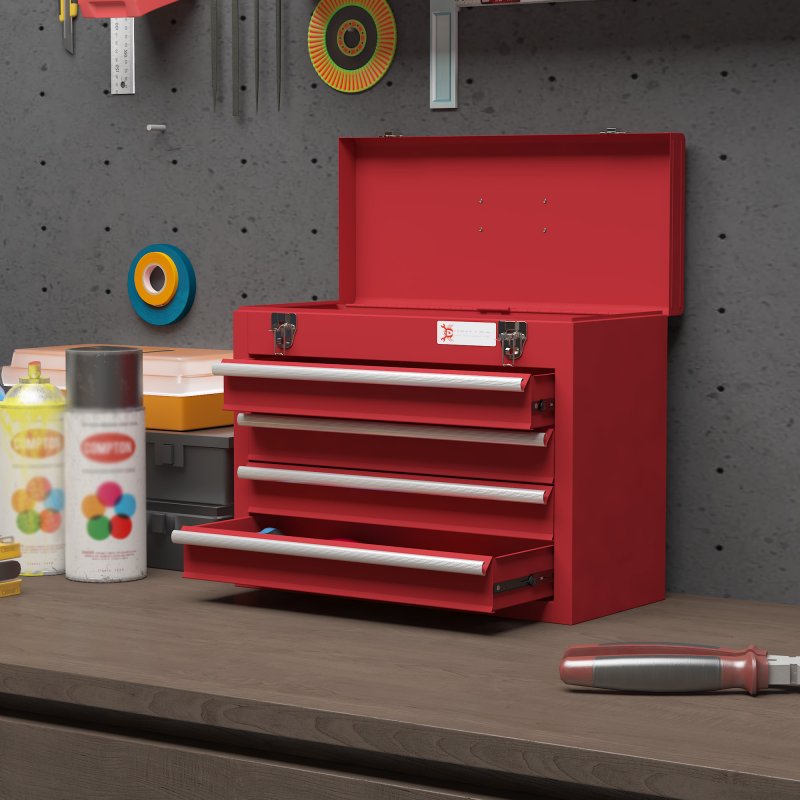 DURHAND 4 Drawer Tool Chest, Lockable Metal Tool Box with Ball Bearing Runners, Portable Toolbox, 510mm x 220mm x 395mm, Red