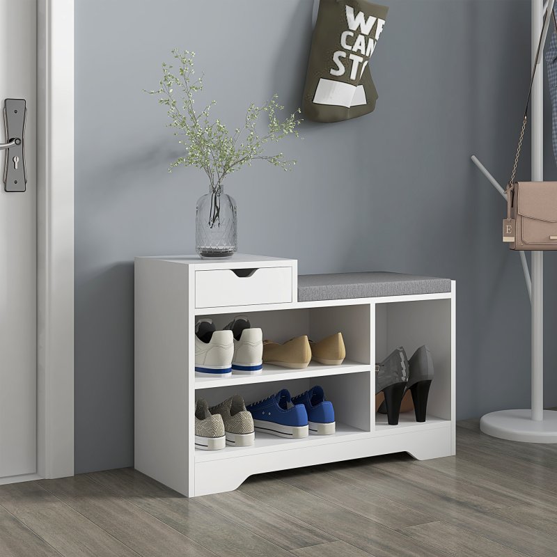 HOMCOM Shoe Storage Bench, Shoe Rack Bench with Seating Cushion, Drawer, 3 Open Compartments and Table Top for Entryway, Hallway