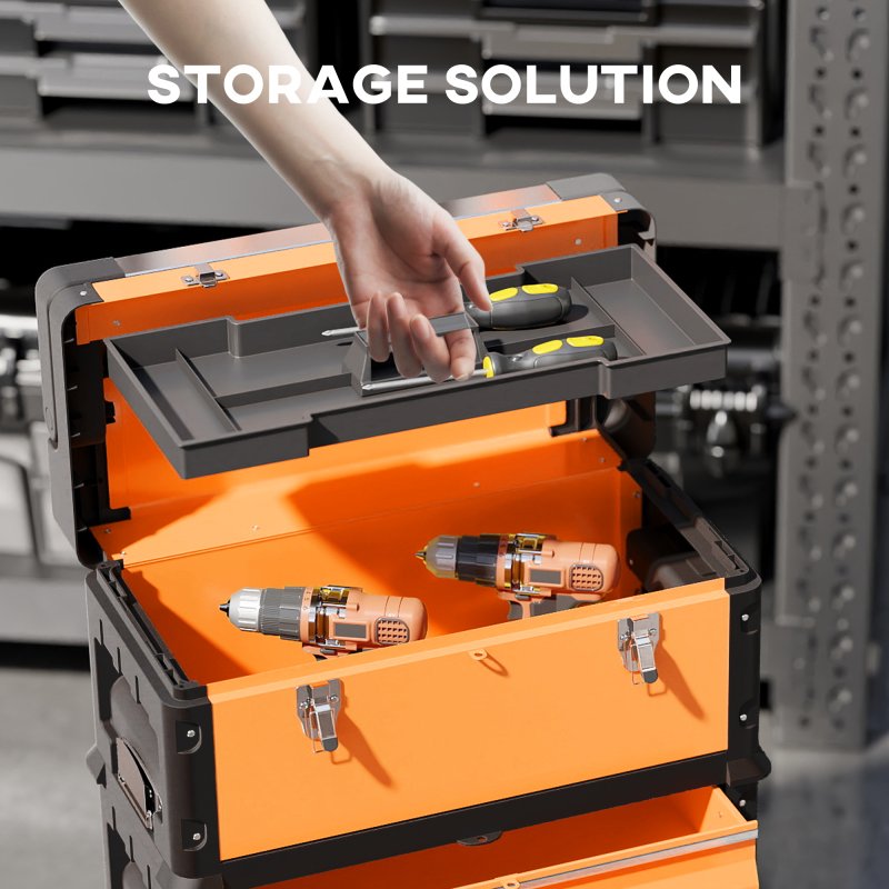 HOMCOM 3-in-1 Rolling Tool Box, Stackable, Modular Powder Coated Steel Toolbox with Tray, Handles, Latches, Wheels, Heavy Duty Tool Storage System for Workshop, Garage, 520mm x 320mm x 720mm, Orange