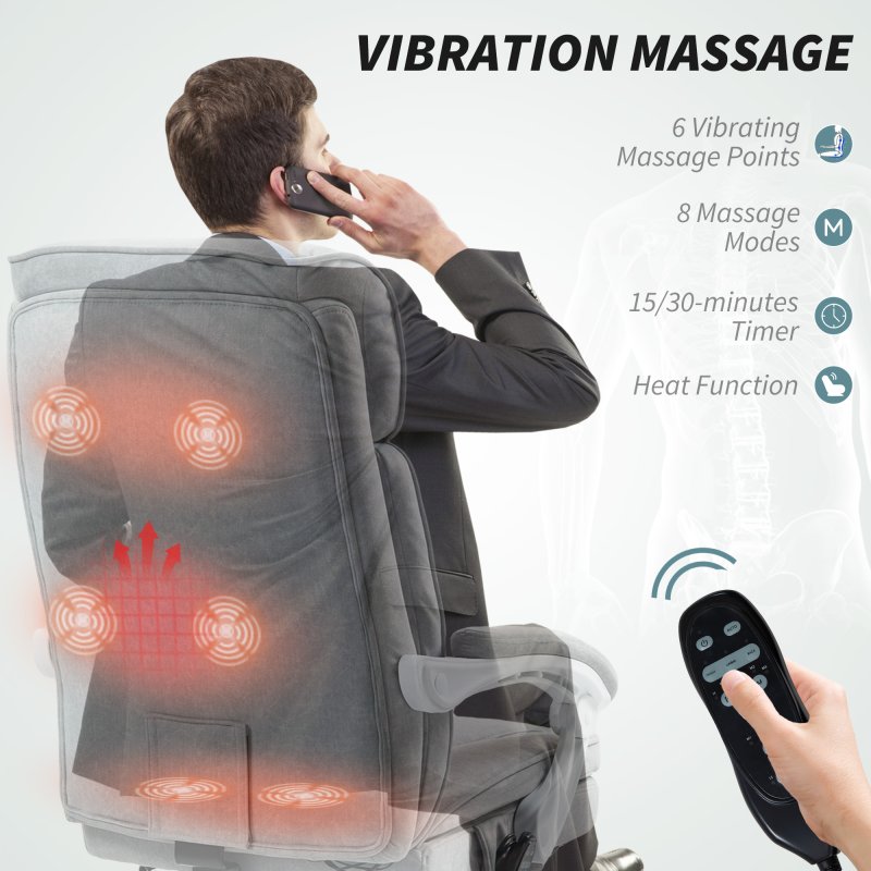 HOMCOM Office Chair with 6-point Massage and Heat, Fabric Computer Desk Chair with Reclining Backrest, High Back, Height Adjustable, Swivel Wheels, Footrest, Remote, for Home, Grey