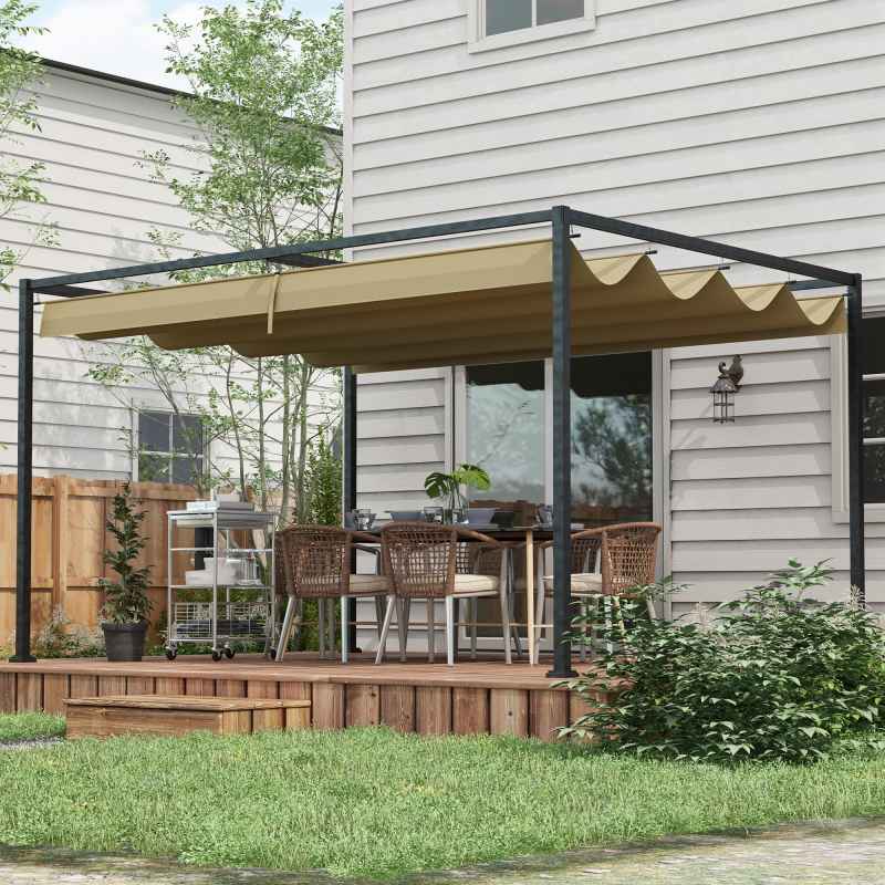 Outsunny 3 x 2m Metal Outdoor Pergola with Retractable Roof, Outdoor Gazebo Canopy Shelter with Drainage Holes for Garden, Patio, Lawn, Khaki