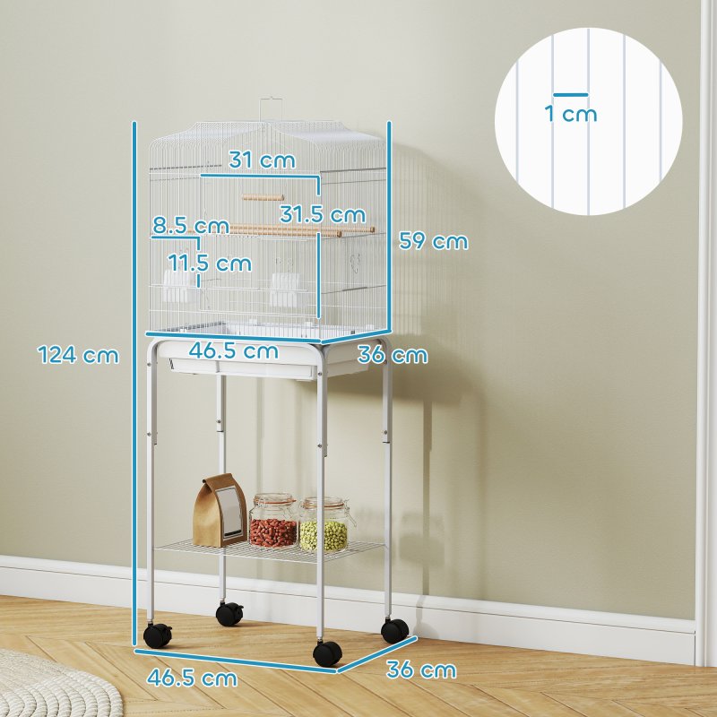 PawHut Bird Cage Budgie Cages for Finch Canary Parakeet with Stand Wheels Slide-out Tray Accessories Storage Shelf, White 46.5 x 36 x 124 cm
