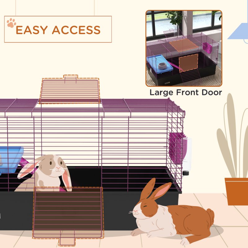 PawHut Guinea Pig Cage Chinchillas Rabbit Small Animal Cage with Ramp, Dish, Water Bottle, 99 x 52 x 53cm, Black
