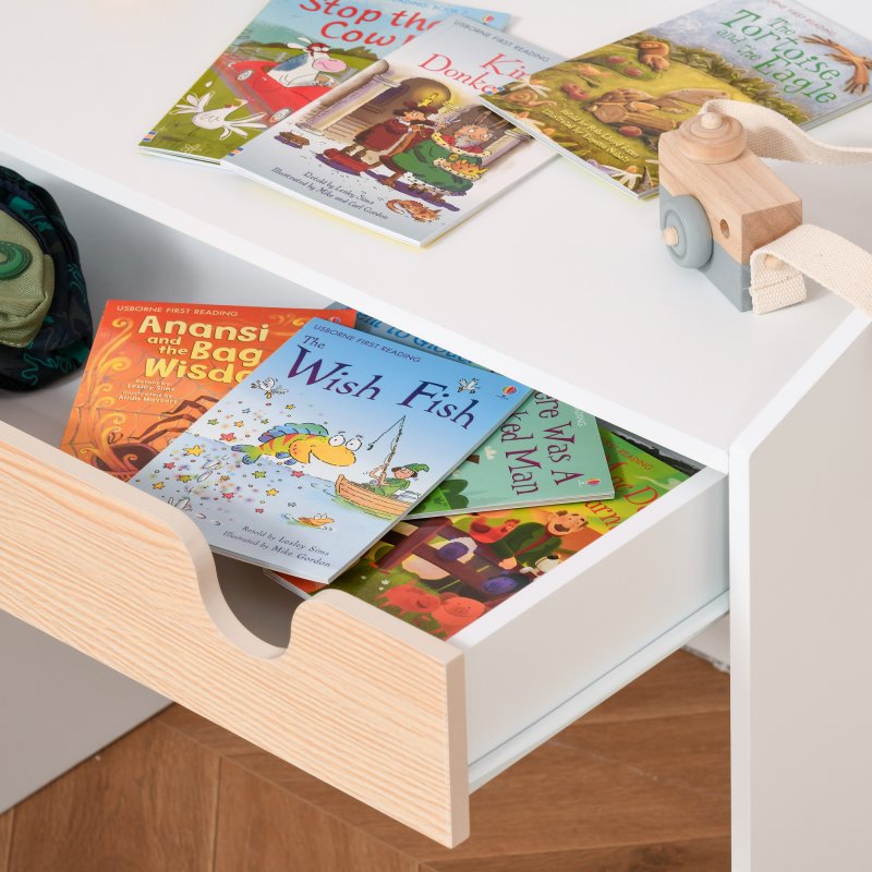 HOMCOM Kids Desk and Chair Set 2 Pieces Children Study Table with Storage Pull-Out Drawer Bookshelf for 3-6 Years Writing, Reading, Drawing