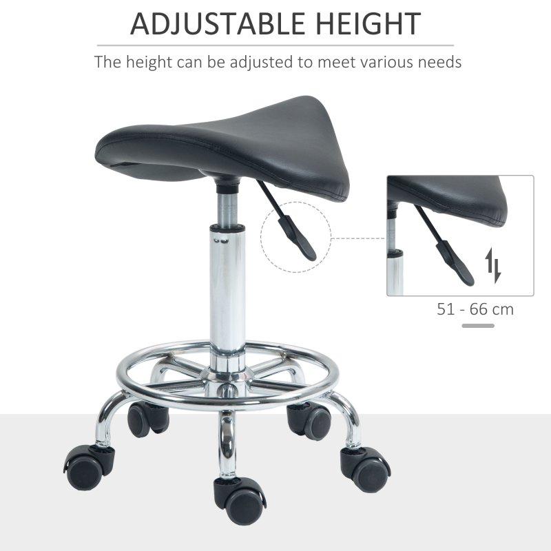 HOMCOM Saddle Stool, PU Leather Adjustable Rolling Salon Chair for Massage, Spa, Clinic, Beauty, Hairdressing and Tattoo, Black